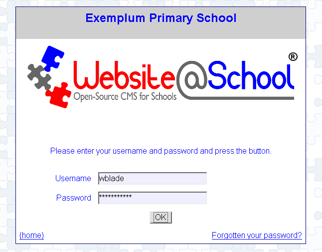 [ Exemplum Primary School, login page: username: wblade, password: *********** ]